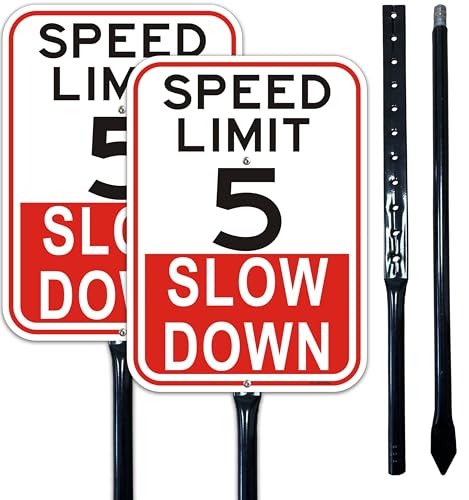 2Pack Slow Down Speed Limit 5MPH Sign with 36" Metal Thick Stakes, 10'' x 14'' Rust Free Reflective Aluminum,Easy to Mount, Outdoor use