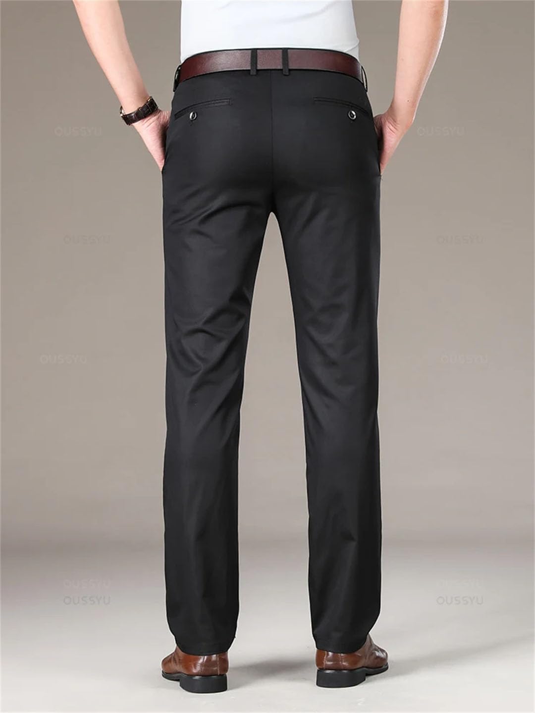 Men's Solid Mid-Rise Summer Thin Soft Long Straight-Leg Business Suit Pants