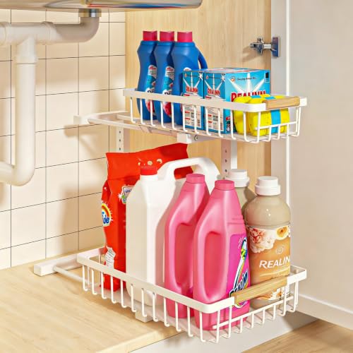 Image of REALINN Under Sink Organizer, Height Adjustable Under Sink Organizers and Storage, 2 Tier Pull Out Drawer Cabinet Storage for Kitchen Bathroom, 1 Pack, White