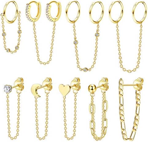 IRONBOX 9Pcs Chain Earrings Gold Huggie Earrings Chain Cuff Earrings Jewelry Set Samll Chain Hoop Earrings Double Piercing Earrings for Women Men
