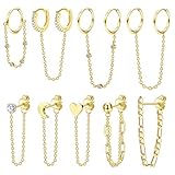 IRONBOX 9Pcs Chain Earrings Gold Huggie Earrings Chain Cuff Earrings Jewelry Set Samll Chain Hoop Ea