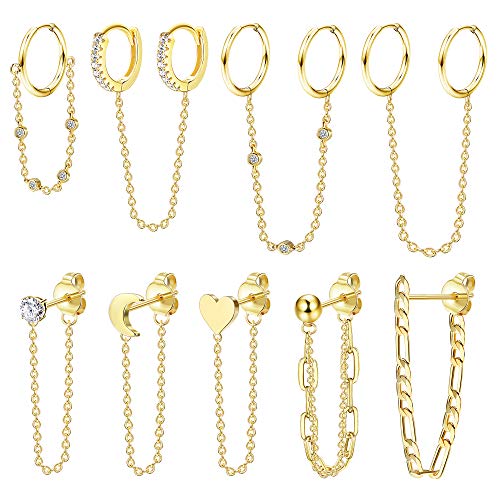 IRONBOX 9Pcs Chain Earrings Gold Huggie Earrings Chain Cuff Earrings Jewelry Set Samll Chain Hoop Earrings Double Piercing Earrings for Women Men