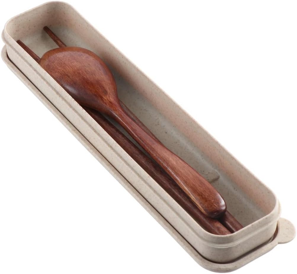 Pokinge 5Pcs Portable Wooden Tableware Set With 1Pcs Plastics Box,Long Handle Wood Cutlery Set With Plastics Case Chopsticks Spoon Fork For Travel