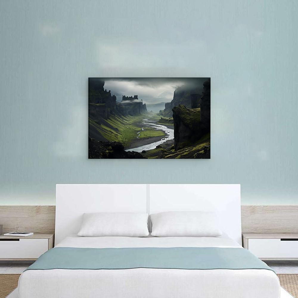 Canvas for Living room. Majestic River Winding Through the Valley Cliffs Under a Brooding Sky, 27 x 18 inch Canvas Wall Art - Modern Home Decor