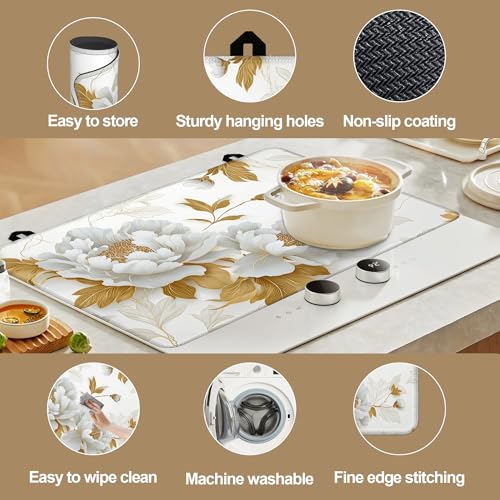 Stove Top Covers for Electric Stove,Vintage Peony White Gold Flower Glass Top Cover Non-Stick Kitchen Pad for Gas Cooktop Washable Countertop Protector Mat Keep Stove Clean 28.5'' x 20.5'' by DLLD - Used condition - Image 5