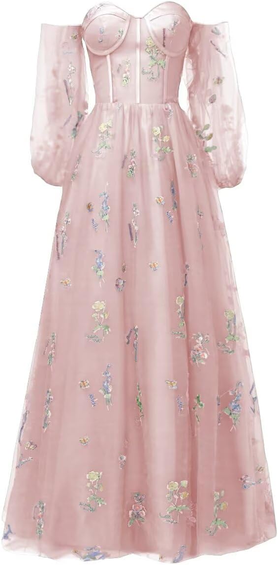 Puffy Sleeve Tulle Prom Dresses for Women 2026 Off The Shoulder Lace Applique Corset Wedding Dress Ball Gown with Slit