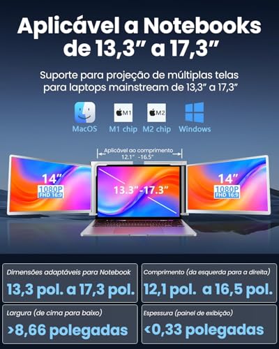 Extensor de Tela de Laptop, Extensor de Monitor de Laptop IPS FHD 1080P de 14“ com Tela Tripla, Moni