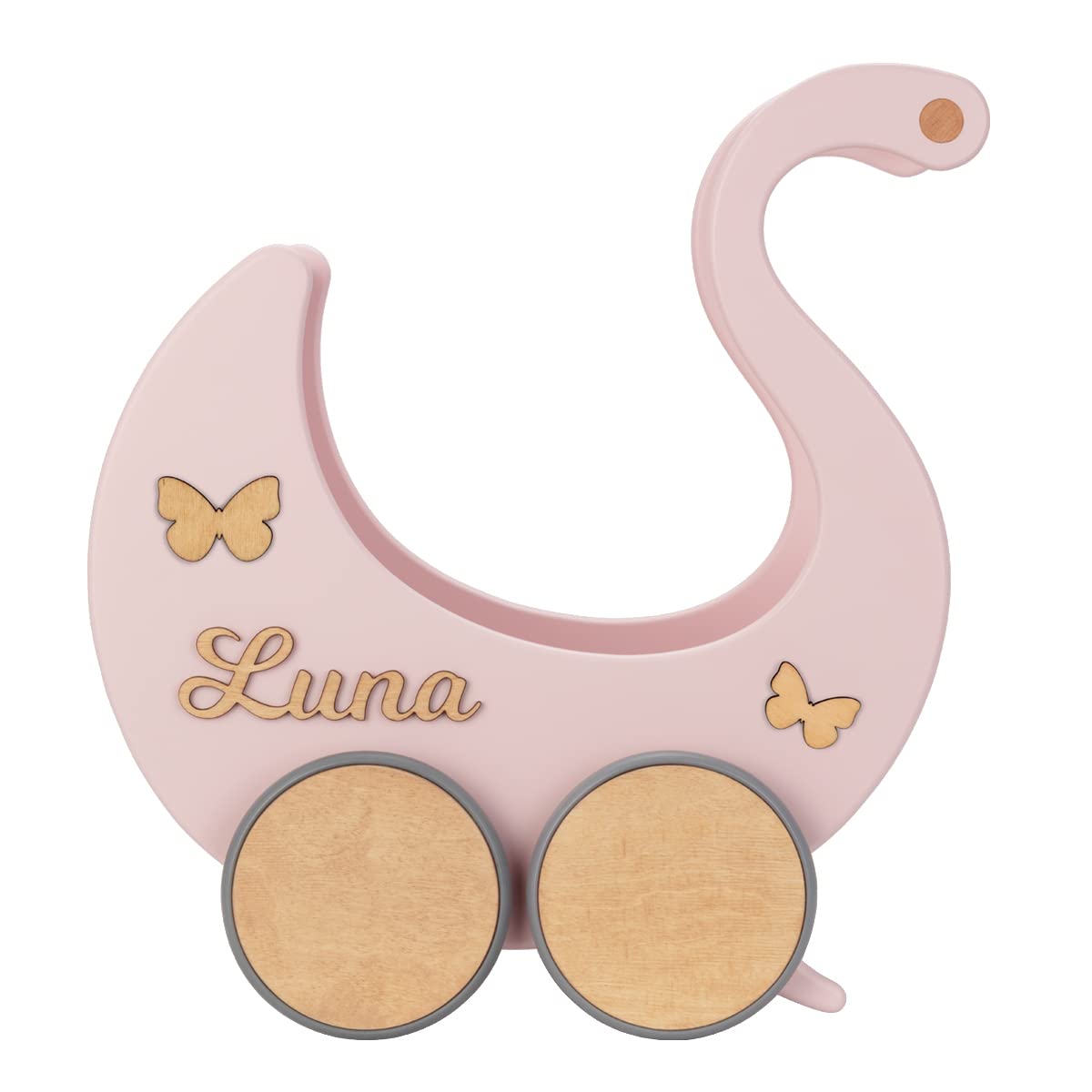 Puppenwagen ab 1 Jahr - Individuell mit Namen - Handgefertigter Puppenwagen - Holzpuppenwagen - Sicher Abgerundete Kanten - Ausdrucksstarke und Schöne Farben (Puderrosa)