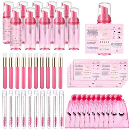 50 Pcs Lash Shampoo Bottle Brushes Set 10 Empty Foam Pump Dispensers 10 Label Stickers 10 Mascara Wands Tubes 10 Cleansing Brush 10 Bag for Eyelash Extensions Aftercare(Rose Red)