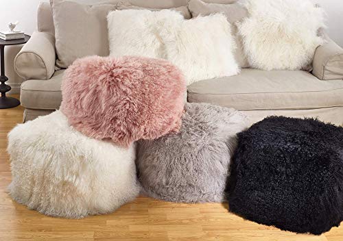 SARO LIFESTYLE PU356.I Genuine Real Mongolian 100% Wool Lamb Fur Pouf Ottoman, Ivory, 18\"x18\"x16\" - Thumbnail 3