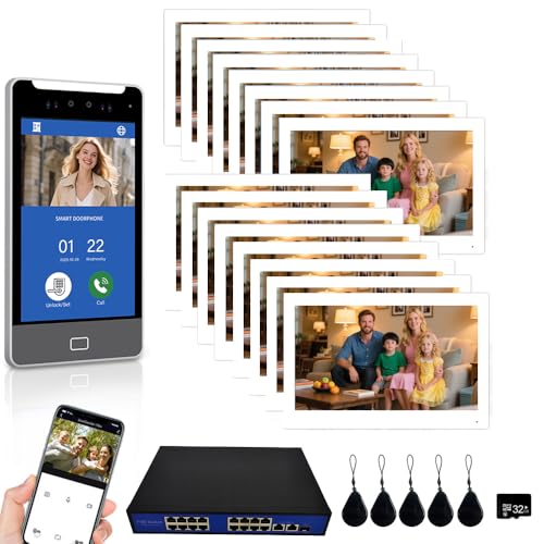 Sistema de control de acceso por reconocimiento facial, sistema de videoportero para viviendas de 1 a 32 unidades, kit de interfono,10 pulgadas, desbloqueo 4 en 1 (1 Timbre + 2 Monitor + 1 POE)