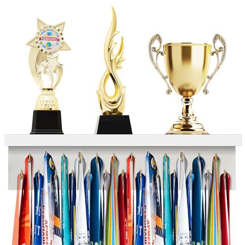 Threehoney Wooden Medal Hanger,1.3ft/16inch,White Shelf Golden Hooks