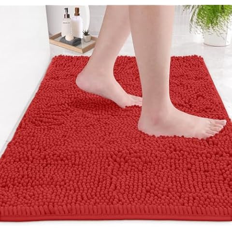 Ultra Soft Texture Chenille Plush Bath Rugs Floor Mats, Bath Rug Non Slip Microfiber Door Mat for Kitchen/Entryway/Living Room (30 x 20 inches, Red) Cover