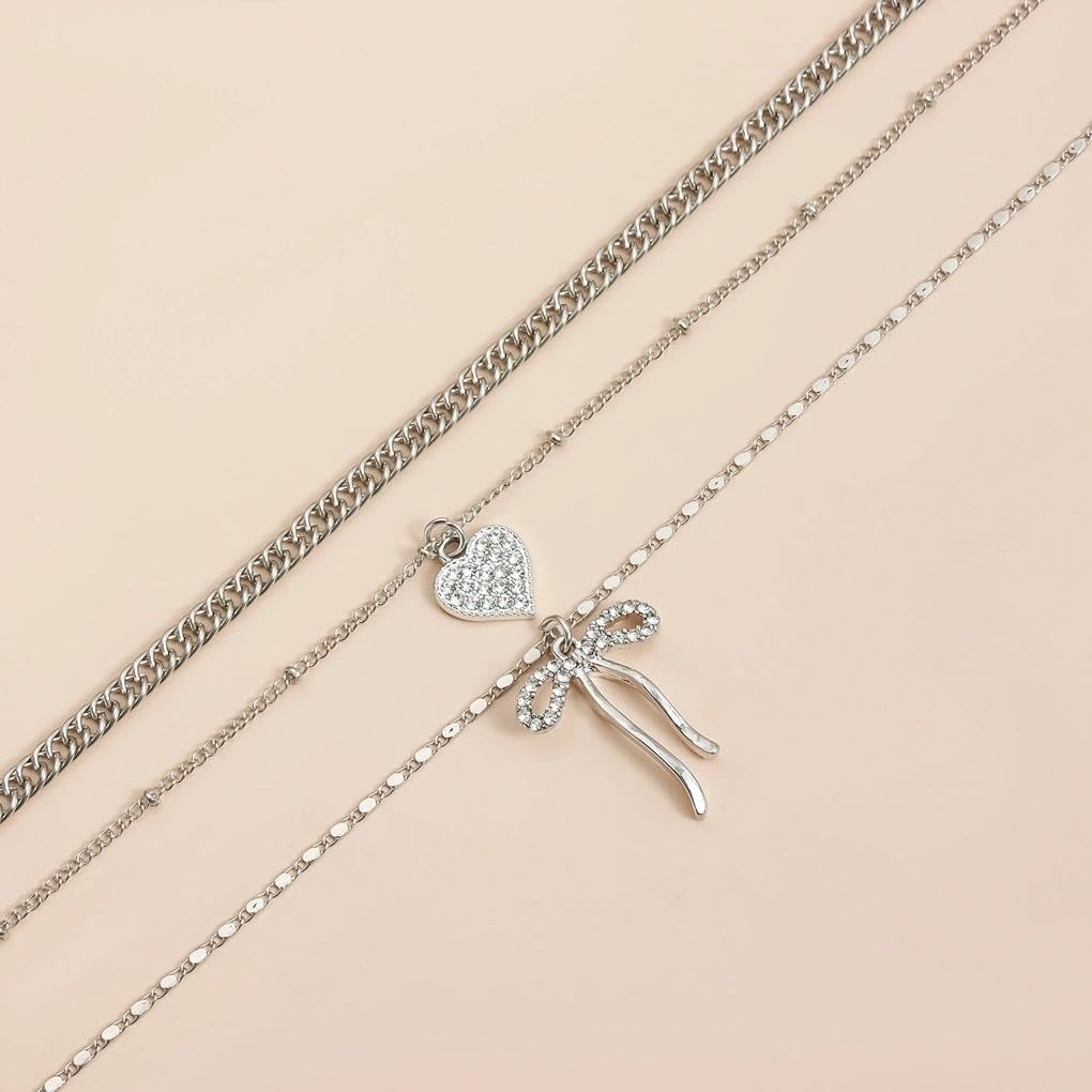 Rrdaily Layered Zircon Heart Bow Pendant Necklaces for Women,Vintage Stackable Love Bowknot Cuban Chains Necklace,Charm Christmas Jewelry Accessories Gifts - Image 7