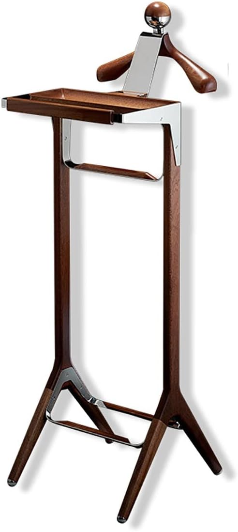 Suit Valet Stand Rack Wood Clothes Coat Rack with Tray and Trouser Bar Contour Hanger with Shoe Rack for Bedrooms Entrance, Chrome-45 * 140cm
