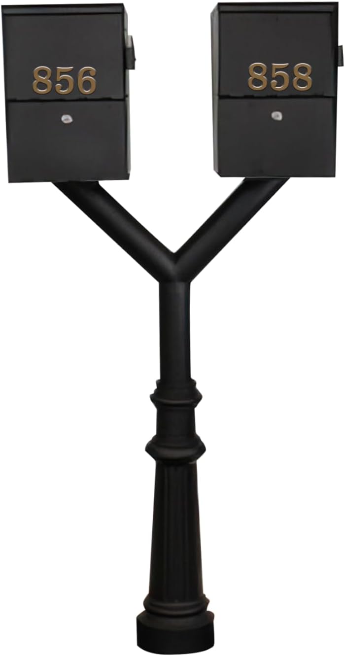 Penfield Twin Mailbox Post System, Decorative Fluted Base, with Two Letter Sentry Mailboxes, Locking, Weather Resistant - Black by Qualarc