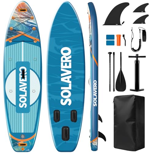 SOLAVERO Inflatable Stand Up Paddle Board, Ultra Light Paddle Board with Accessories for Youth & Adults, 10'/11'/12' SUP Board Kit with Adjustable Paddle, Pump, Removable Fin, Leash and Backpack