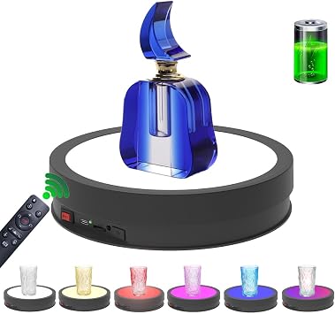 JAYEGT Variety Colors LED Light Non-Slip Rotating Display Stand , 66lbs Load, 360 Degree Photography Turntable for Glass Crystal Spherical Artwork 8.66inch / 6Color LED Light / Black / Rechargeable