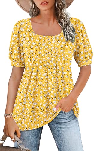 Image of WNEEDU Ladies Tops Square Neck T Shirts for Women UK Summer Puff Short Sleeve Blouses Pleated Tunic Tshirts Flowy Elegant Casual Tee YE S Floral 3XL