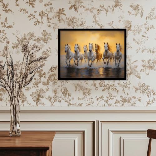Image of HOTHOUSE Seven Running Vastu Lucky Horse | 7 Horses Vastu Frame Wall Art Painting for Living Room Bedroom Office Home Decor Rising Sun Painting Wall Decor Size (19X25 inch)