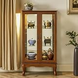 Royard Oaktree Lighted Curio Cabinet with Adjustable Glass Shelves, Mirrored Back Panel & Tempered Glass Doors Vintage 3-Tier Accent Display Cabinet for Home Office,Oak