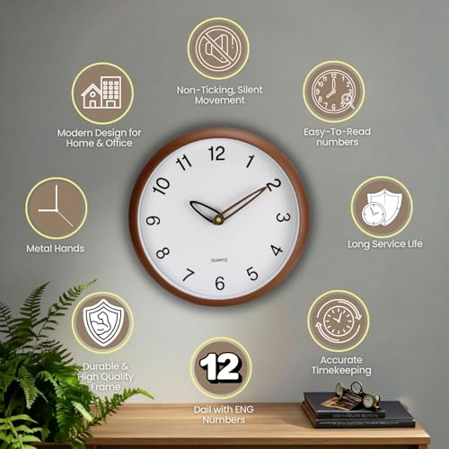 Image of WHISKET - 12 Inch | Radium Silent Sweep Clock | Glow in Dark Clock, Classic Analog Silent Movement, Elegant Design for Drawing Living Room& Bedroom, Office. (MATT Brown)