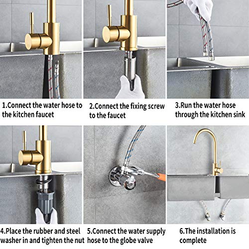 Kohonby Single Handle High Arc Brushed Gold Kitchen Faucet Stainless Steel Commercial Single Hole Kitchen Sink Faucet,Modern One Hole Bar Sink Faucet With Deck Plate #TOP5