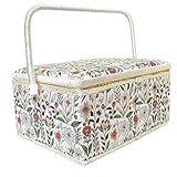 Large Empty Sewing Basket Box with Removable Tray for Mending Crafting and Storage, Green Garden