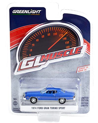 Modelo a escala 1:64 Greenlight Gran Torino Sport 1974 Azul metálico medio con interior azul