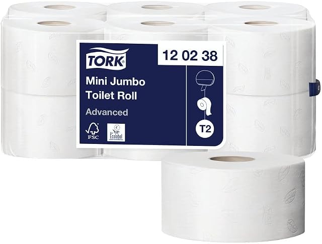 Tork 120238 Advanced Mini Jumbo toilet roll, 2-ply, 12 pieces,White,2.25"