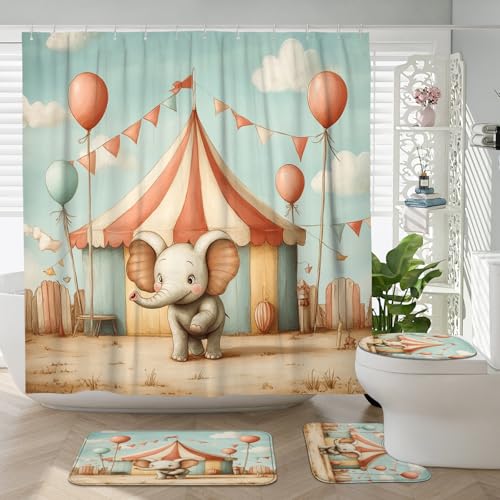 Cute Elephant Shower Curtain, Pastel Peach Blue Cartoon Bath Decor