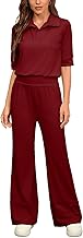Femme Ensemble 2 Pièces Haut à Manches Courtes Col en V et Col Rabattu et Pantalon à Jambes Larges Tenues d'été