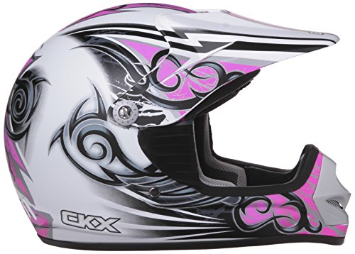 CKX 102114 TX-218 Whip Juniors/ Kids/ Youth Full Moto Helmet, White/Pink/Silver Matte, Large