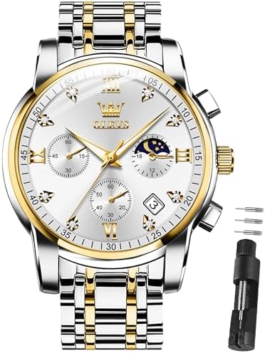 OLEVS Armbanduhr Herren Luxus Quarz Edelstahl Business Chronograph | Uhren Herren 3Bar Wasserdicht 42mm Zifferblatt mit Mondphase Datum Leuchtzeiger klassisch schlicht Geschenk für