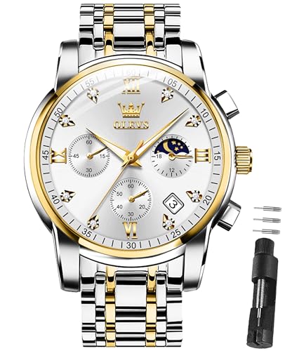 OLEVS Chronograph Herrenuhr Quarz Analoguhr Weiß Gold Edelstahl 3Bar Wasserdicht Business Uhren Herren für Geschäftlich und Großes Freizeit 42mm Casual Modische Männeruhr Design