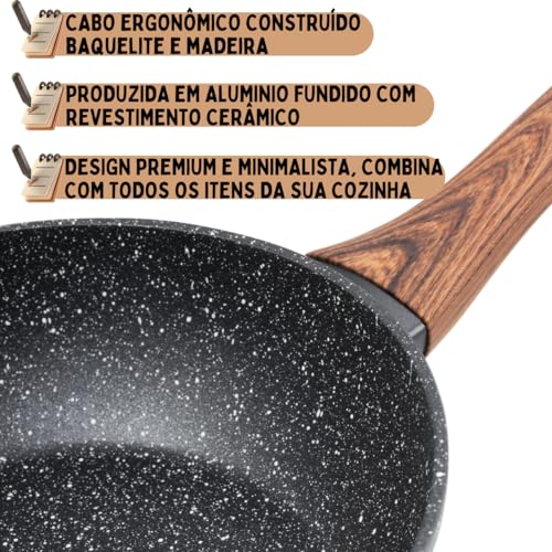 Frigideira Grande em Alumínio Revestida em Cerâmica e Cabo De Madeira Fundo de Indução Fogão a Gás E