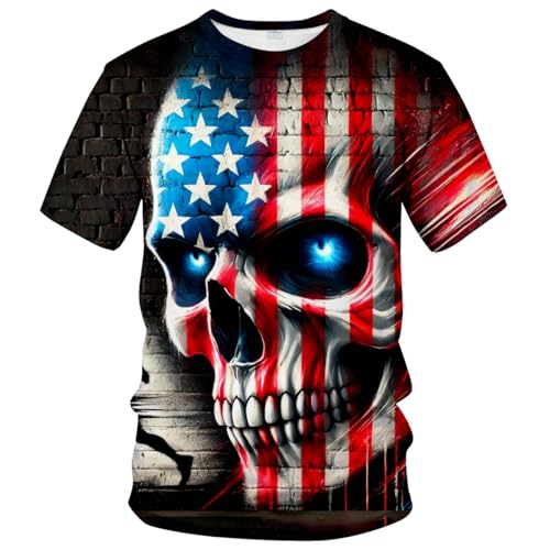Blissboy Skull Shirts for Men - American Flag Graphic T-Shirt, Patriotic Dark USA Pride Tee for 4th of July,Red White,4XL