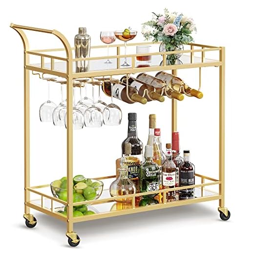 VASAGLE Bar Cart Gold, Home Bar Serving Cart, Wine Cart with 2 Mirrored Shelves, Wine Holders, Glass Holders, for Kitchen, Dining Room, Gold ULRC090A03