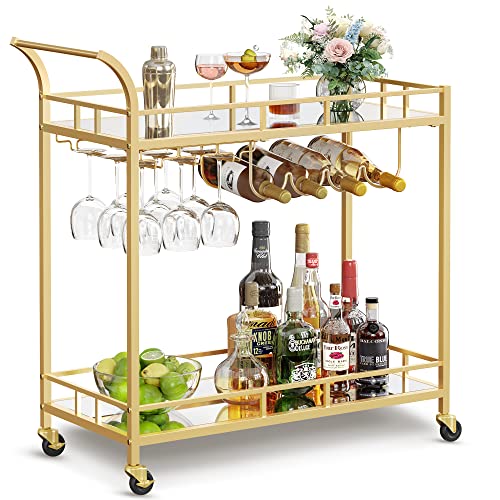 VASAGLE Bar Cart Gold, Home Bar Serving Cart, Wine Cart with 2 Mirrored Shelves, Wine Holders, Glass Holders, for Kitchen, Dining Room, Gold ULRC090A03 by VASAGLE - Used condition - US$51.59