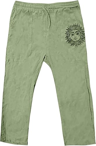 Miniatura 2 de WENKOMG1 Pantalones de algodón y lino para hombre, color sólido, estampado étnico, retro, pirata, cintura elástica, holgados, cómodos pantalones