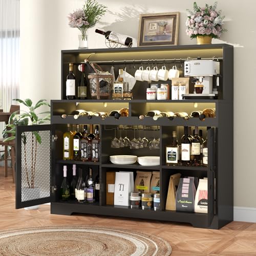 Loomie Wine Bar Cabinet with LED Light, Liquor Cabinet with Glass Holder, Coffee Bar for Liquor, Storage Buffet with Wine Racks, Wine Cabinet with Mesh Door (Black)