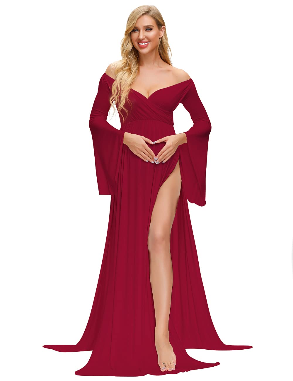 JustVH Maternity Wrap Off Shoulder Flare Long Sleeves Maxi Photography Dress Split Pregnancy Gown for Photoshoot