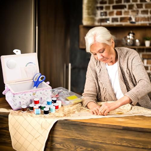 Dicunoy Sewing Box with Accessories, Large Sewing Kit Storage and Organizer Case, Vintage Wooden Sewing Baskets with Removable Tray for Adults, Sewing Mending, Beginner, Professional, Floral Print