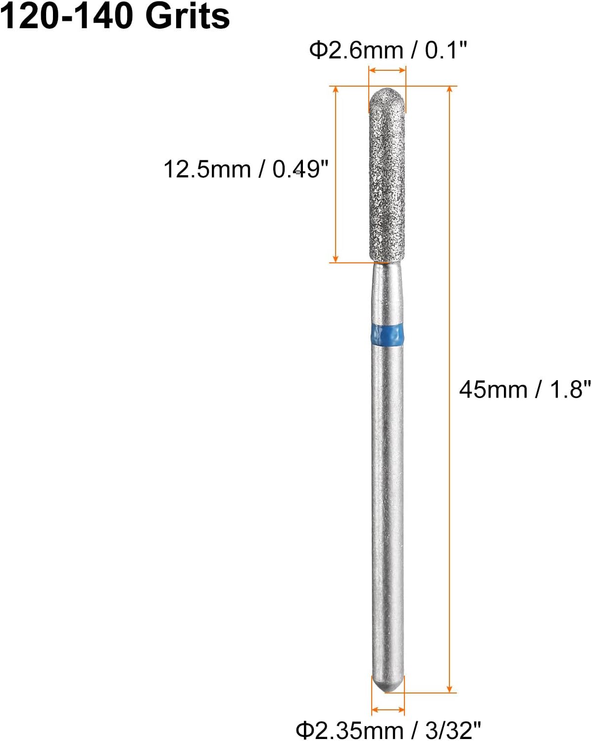 HARFINGTON 8pcs 120-140 Grits Diamond Grinding Bit 2.6mm Cylindrical Ball Head 2.35mm Shank 12.5mm Length Stone Sanding Drill Bits Rotary Tool for Ceramic Glass Nails Grinding Polishing