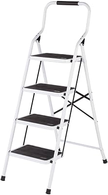 LivingSURE Folding 4-Step Safety Ladder, 2-in-1 Padded Handle and Backrest, Household and Kitchen Use, White