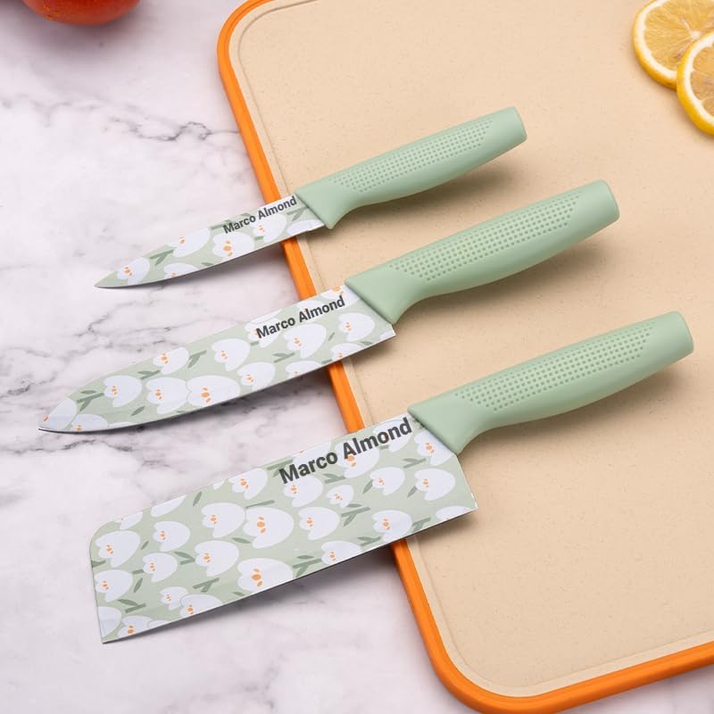 Image of Marco Almond 3 Pieces Professional Kitchen Knife Set /Meat Knife /Chef Knife with Non-Slip Handle Sharp Manual Sharpening for Home Kitchen, High Carbon Stainless Steel Knife Black Set (Olive Green)