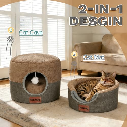 Cat Bed Cave for Indoor Cats, 2-in-1 Foldable Cat Cave & Lounge Bed with Reversible Cushion, Calming Anti-Anxiety Enclosed House for Small Dogs & Puppies, Donut Cozy Hideaway, 17.5 Inches (Brown) - Image 3