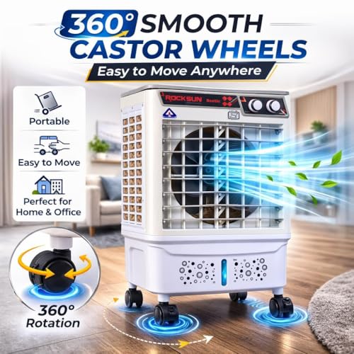 Image of ROCKSUN Beetle Desert Air Cooler for Room | 40L (30 Tank+10 Ice Chamber) | 12-Inch Powerful Fan | 3-Side Honeycomb Pads | Ice Chamber | Inverter Compatible | Swing Function | Portable