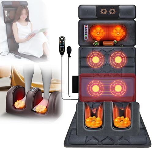 vanenferse Tappetino Massaggiante con Calore, Materasso Massaggiante con Shiatsu Massaggiatore Collo Staccabile, Sedile Massaggiante con 10 Motori Vibranti, Alleviare Il Dolore, Rilassare I Muscoli