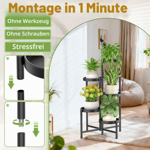 iDavosic.ly 5 Etagen Metall Pflanzenständer Blumentopfständer, Mehrstöckig Pflanzenregal Blumenregal Pflanzentreppen für Zimmerecke, Wohnzimmer, Balkon, Terrasse, Hof (Rund, Schwarz)